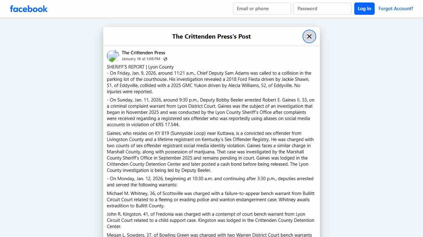 SHERIFF'S REPORT Lyon County -... - The Crittenden Press Facebook